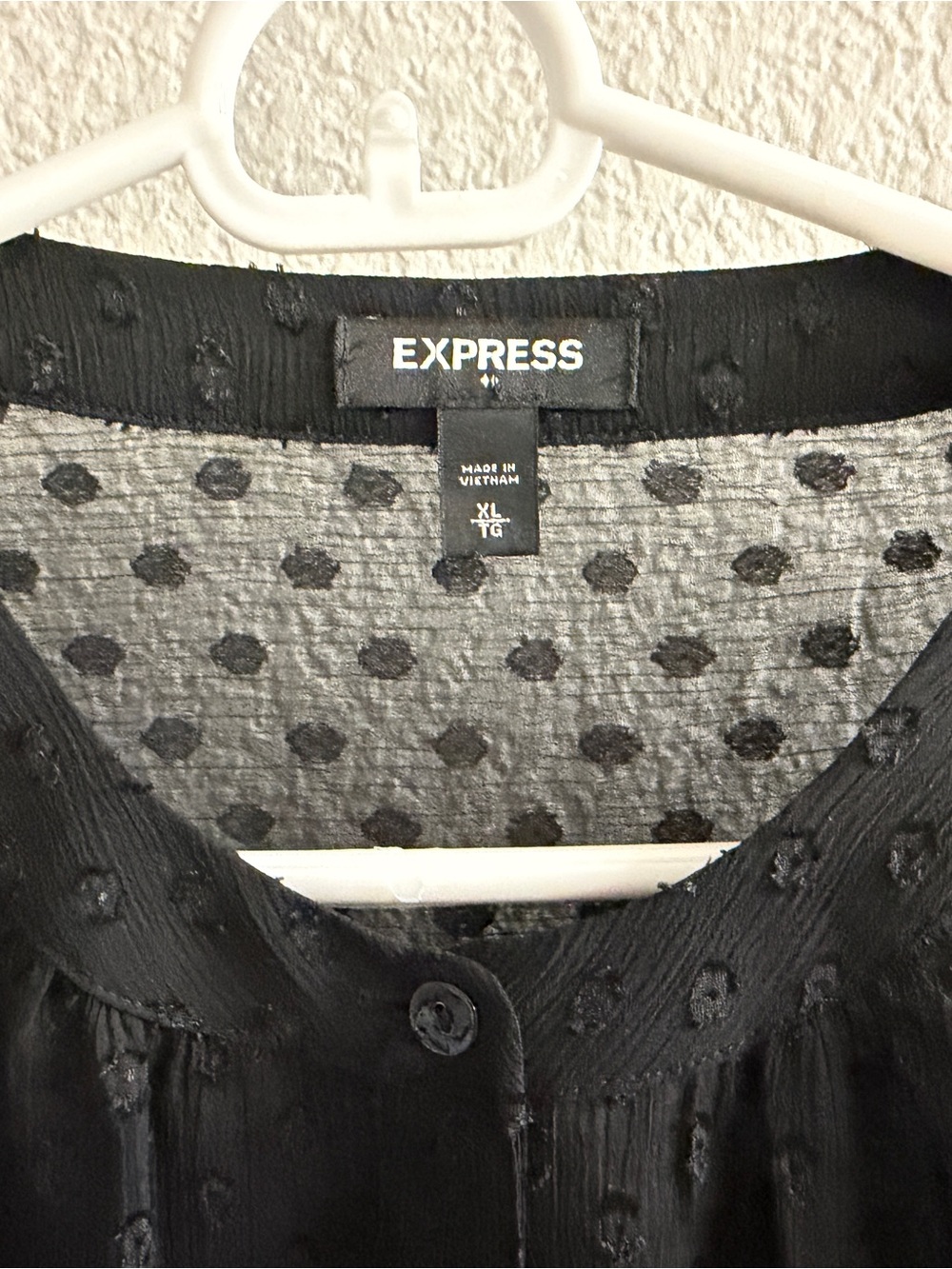 Express Black Sheer Clip Dot Ruffle Trim Button Front Blouse Size XL Boho - Picture 3 of 4